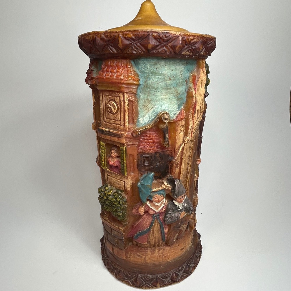 Vintage German Carved Wax Candle Victorian Village Scene Relief 10" Hand Painted